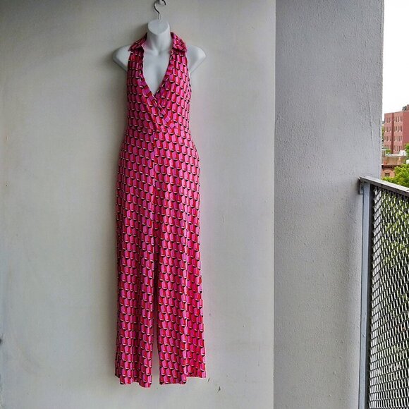 Diane Von Furstenberg DVF Sm Target Collar Sleevless Pink Mod Geometric Jumpsuit - Picture 2 of 5